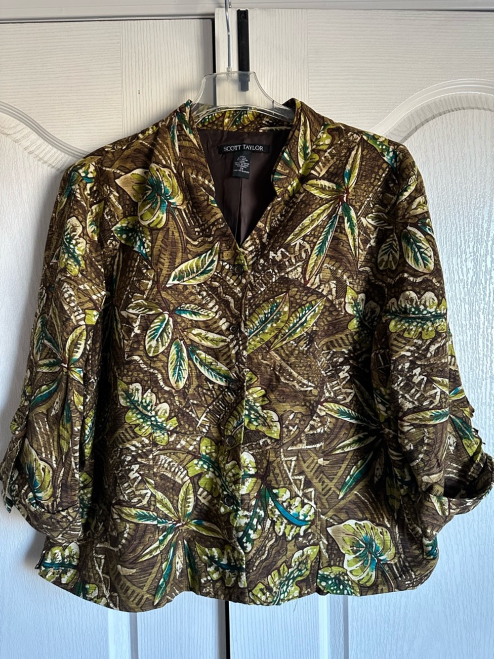 Scott Taylor Brown Green Floral-Print Women's Blazer Jacket silk blend